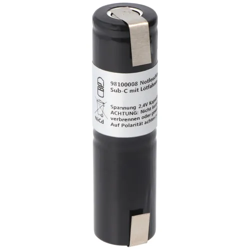 AccuCell Notleuchtenakku NiMH 2,4V 1800mAh L1x2 Sub-C mit Lötfahnen ersetzt 2,4 V Akku, Abmessungen 23 x 86 mm (Ø x H)