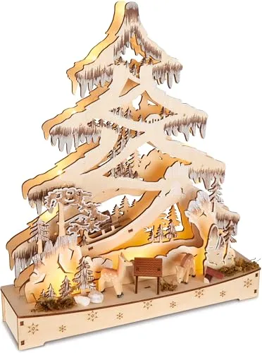 BRUBAKER 3D Lichterbogen - LED Schwibbogen mit Tannenbaum - Weihnachtlicher Zierschmuck mit handbemalten Figuren und flexiblen Beleuchtungsoptionen. Bringt festliche Stimmung in jedes Zuhause und ist ein Blickfang auf Tisch oder Fensterbank.