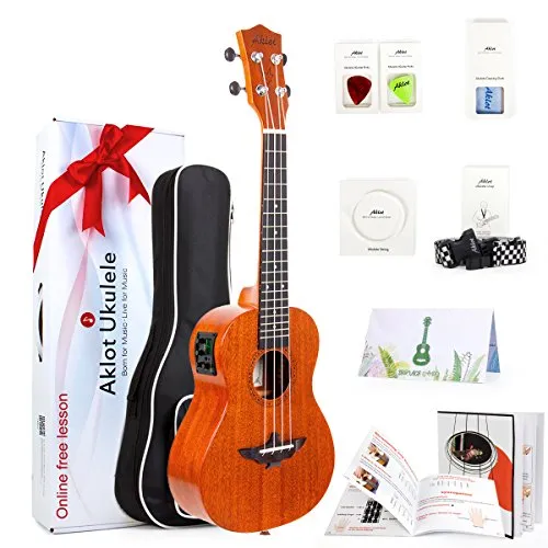 Aklot Elektrische Tenor Ukulele 26 Zoll mit EQ Ukulelen Solid Top Mahagoni Body Elektro Akustik Professional Anfänger Uke Bundle mit Robustes Buch,Gurt,3 Picks und Aquila Qualitäts-Saiten