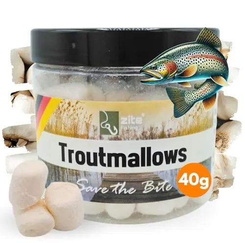 Zite Fishing Trout Mallows Forellenköder - Hochfängiger Forellenteig auftreibend - Troutmallows Starke Aromen & Leuchtende Farben, 40g Dose, Forellen Köder für Grundmontage (Knoblauch weiß)
