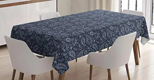 ABAKUHAUS Paisley Tischdecke, Vintage Boho Grunge, Personalisierter Druck Klare Farben ohne Verblassen Waschbar für Außen Bereich, 140 x 170 cm, Dunkelblau und Weiß