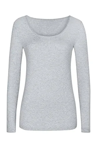 Mey Tagwäsche Cotton Pure Damen Langarmshirts Light Grey Melange L(42) - Legeres Langarmshirt mit tiefem Rundhalsausschnitt für ein angenehmes Tragegefühl, ideal für den Alltag.
