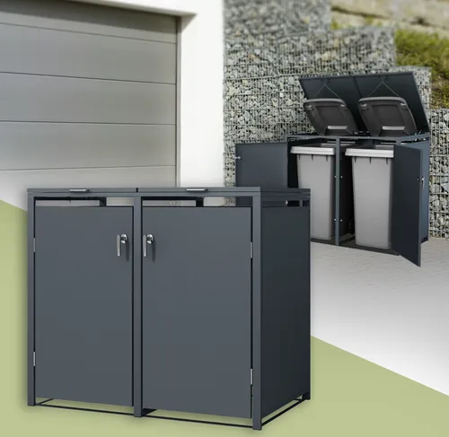 ML-DESIGN Mülltonnenbox aus Stahl - Wetterfeste Müllverkleidung für 2 Tonnen - Außenanbau mit pulverbeschichteter Stahlbox, ideal für die sichere und elegante Aufbewahrung von Mülltonnen. Inklusive Klappdeckel und Tür für einfachen Zugang.