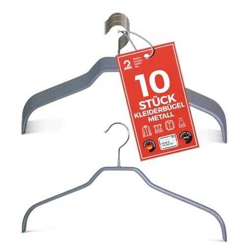MAWA Kleiderbügel, Set mit 10 platzsparenden und rutschfesten Bügeln, ideal für Hemden und Blusen, mit 360°drehbarem Haken, Antirutschbeschichtung, 36 cm, Silber