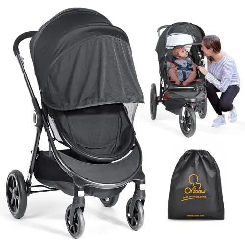 Orzbow Universal Insektenschut mit Sonnensegel 2 in 1 für Kinderwagen & Buggy,Reißfest Fliegennetz & Sonnenschutz UV Schutz 50+,Feinmaschig Moskitonetz für Reisebett mit Tasche (Schwarz)