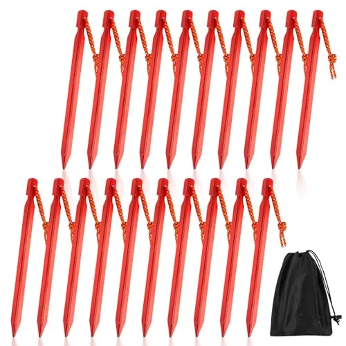Zelt Heringe, 20 Stück Camping Heringe Zeltheringe Sturmsicher Sandheringe 18cm, Rot Aluminium Erdnägel Häringe mit Seil und Aufbewahrungstasche für Wander Camping