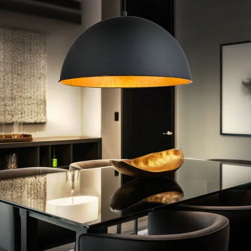 Elegante Hängelampe in Schwarz-Gold, 41cm Durchmesser - Moderne Pendelleuchte aus Metall mit goldfarbenem Innenschirm, ideal für Esszimmer. E27 Fassung für individuelle Lichtgestaltung und optimale Energieeffizienz.