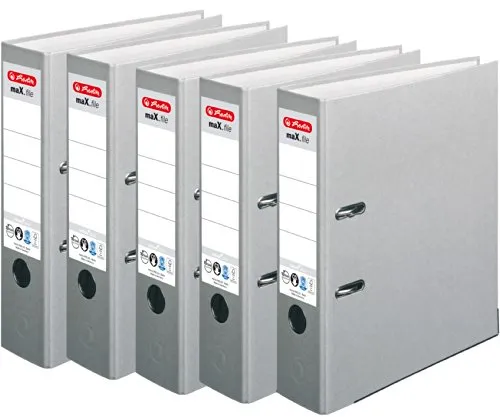HERLITZ Ordner maX.file nature+ A4 8cm | Kraftpapierbezug selbstklebendes Rückenschild | 5er Sparpack in diversen Farben zur Auswahl (Grau, breit 8cm | 5er Pack)