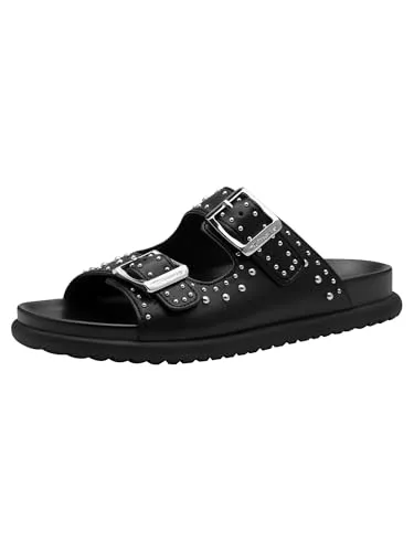 Modische Pantolette TAMARIS für Damen in Schwarz - Stilvolle Pantoletten von Tamaris aus Lederimitat mit auffälligen Nieten, ideal für den Sommer. Der Plateauabsatz sorgt für zusätzlichen Komfort und einen modischen Look.