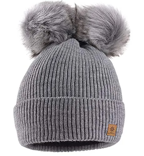 MFAZ Morefaz Ltd Damen Winter Beanie Strickmütze Mütze Doppelt Bommel Pom Pom Wurm SKI Mütze (Grey)