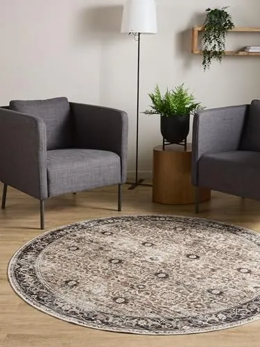 Interiyou Vintage Teppich Wohnzimmer Gent - 120x120 cm Rund Anthrazit/Taupe - Für Schlafzimmer, Esszimmer, Kinderzimmer - Kurzflor waschbar und rutschfest, Print Muster
