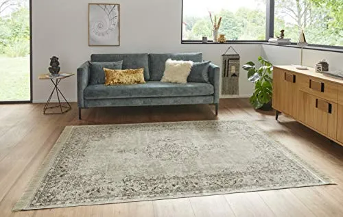 Nouristan Orientalischer Teppich – Vintage Medaillon Samt-Teppich für Wohnräume - Eleganter 95x140 cm Teppich mit Fransen im orientalischen Design, hergestellt in Belgien, ideal für alle Räume und Fußbodenheizung geeignet.
