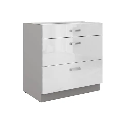 Küchen Unterschrank 80 Bianca Weiss Hochglanz + Grau - Einbauküchen-Komponenten mit Soft-Close-Funktion und vollausziehbaren Auszügen für optimalen Stauraum und elegantes Design.