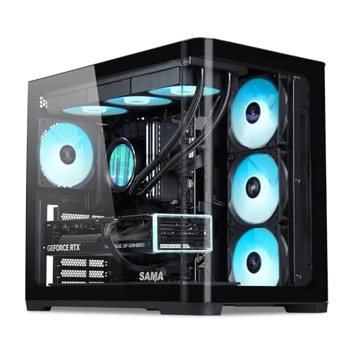 Produktbild SAMA V60 Mid Tower PC-Gehäuse, Geschwungene Glasfront, 7×120mm ARGB PWM Lüfter, USB Type-C, Hochdurchsatz ATX PC-Gehäuse für Gaming-PC, Back-Connect Ready, 360mm AIO Unterstützung – Schwarz