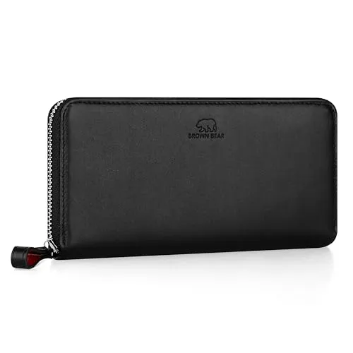 BROWN BEAR Reißverschluss Geldbörse Damen Leder lang mit Münzfach | Echtleder Schwarz Nappa | RFID-Schutz | Portemonnaie | Geldbeutel | BB Conny BK