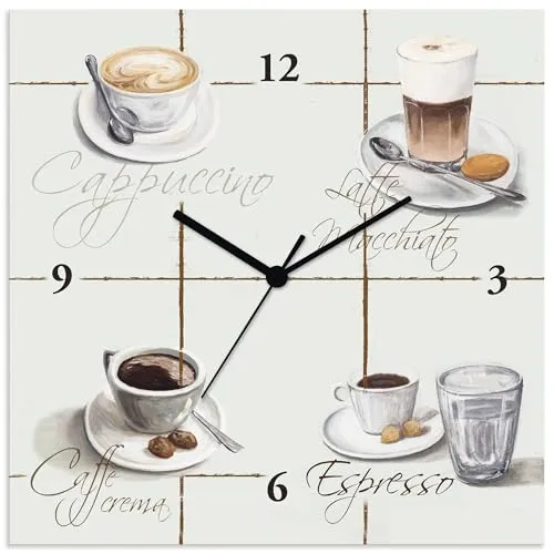 ARTLAND Wanduhr ohne Tickgeräusche Alu Funkuhr 30x30 cm Quadratisch Lautlos Cappuccino Kaffee Coffee Cafe Originell T9RA