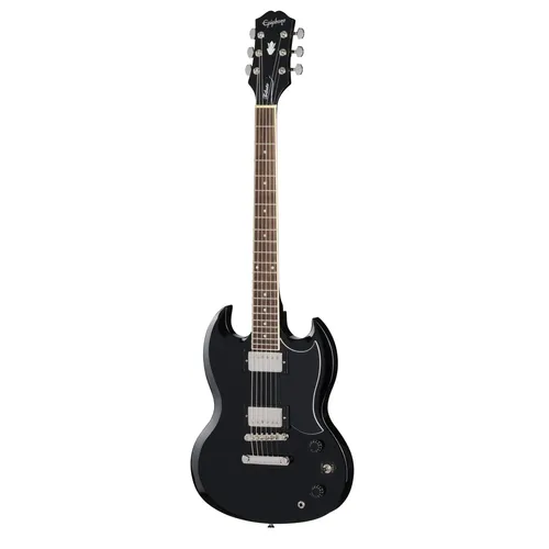 Epiphone SG Tribute Ebony E-Gitarre - Kompakte Solidbody E-Gitarre mit Mahagoni-Korpus und Slim Taper Hals für exzellente Spielbarkeit. Ausgestattet mit kraftvollen Humbuckern für vielseitige Rock-Sounds.