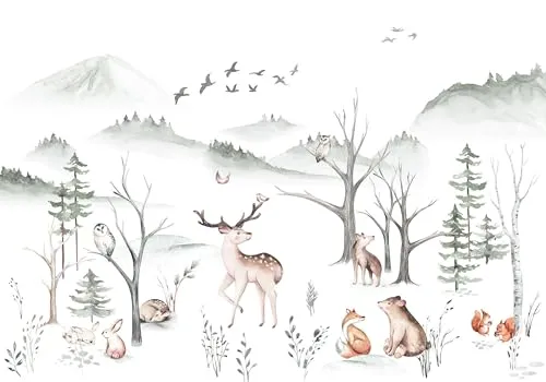 Komar Vlies Fototapete - Cozy Woods - Tiere im Kinderzimmer - Zauberhafte Fototapete für Kinderzimmer mit Fuchs, Hase und Bär, aus umweltfreundlichem Vlies, Made in Germany, brilliant und strapazierfähig.