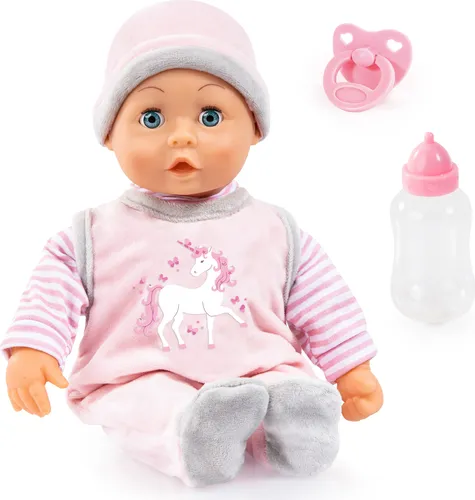 Bayer Design Puppe First Words Baby 38 cm rosa - Puppe mit 38 cm, spricht erste Wörter und fördert die Sprachentwicklung, ideal für kreative Rollenspiele und als perfektes Geschenk.