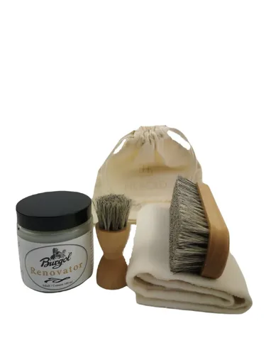 Hebold Schuhmacherei Schuhpflegeset mit Burgol Renovator - Profi-Schuhpflegeset für die Restauration von trockenem und beanspruchtem Leder, inklusive hochwertiger Bürsten und Tiegelbürste für mühelose Anwendung.