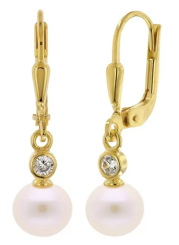 trendor Paar Ohrhänger 333 Gold Perlen-Ohrhänger - Elegante Damen-Ohrhänger aus 333 Gold mit weißen Süßwasser-Zuchtperlen und Zirkonia, ideal für besondere Anlässe und tägliche Eleganz.
