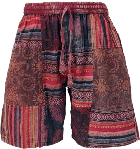 GURU SHOP Ethno Yogashorts - Patchwork Shorts in Weinrot für Herren - Herren-Shorts aus leichter Baumwolle mit elastischem Bund, ideal für Partys und unterwegs. Praktische Taschen bieten viel Stauraum.