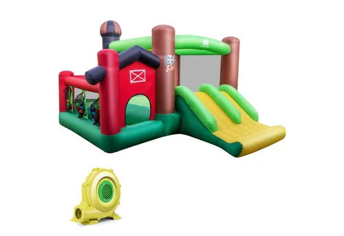 Costway Hüpfburg mit Doppelrutschen - Outdoor Spielzeug für Kinder, bietet 6 Spielbereiche inklusive Bällebad und Basketballkorb, sicher und stabil mit atmungsaktiven Netzwänden und leistungsstarkem Gebläse für schnelles Aufblasen.