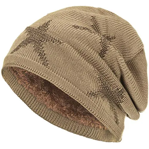 Compagno warm gefütterte Beanie Wintermütze Sternen Strickmuster mit weichem Fleece-Futter Mütze, Farbe:Hellbraun Braun