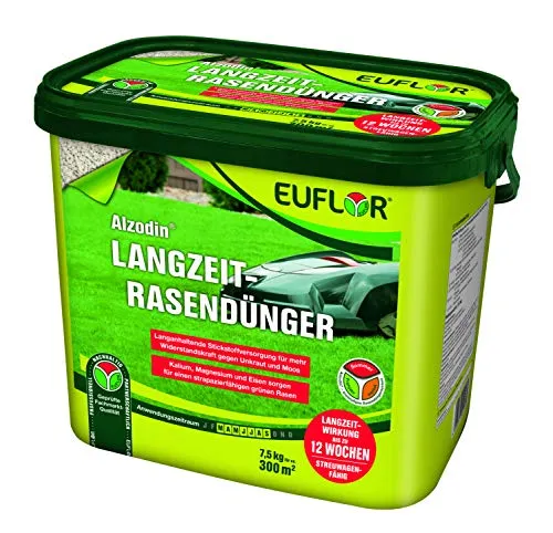 Euflor Alzodin Langzeit-Rasendünger•7,5kg Spezialdünger 20+5+8 mit 2% MgO und 1% Eisen•Hochwertiger Volldünger•Langzeitwirkung für 12 Wochen • Hindert Unkreit und Moos • Streuwagenfähig