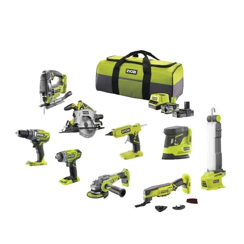 Ryobi 9-teiliges Werkzeugset 18 V One+: Bohrmaschine, Schlagschrauber, Schleifer, Multi-Tools, Heißklebepistole, Kreissäge, Stichsäge, Lampe, Schleifmaschine + 2 Akkus und Ladegerät – R18CK9B-252SLZ