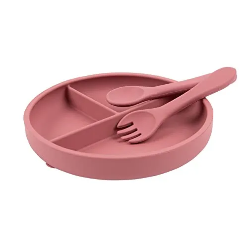 Tiny Dining Baby-Saugteller, Gabel und Löffel-Set - Dusty Rose - 3-teiliges Baby-Essset aus Silikon für Babys