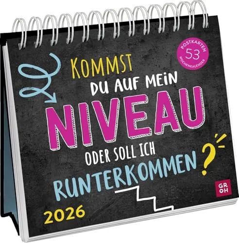 Postkartenkalender 2026: Kommst du auf mein Niveau oder soll ich runterkommen? - Humor Geschenkbücher: Aufstellbarer Wochenkalender mit 53 herausnehmbaren Postkarten für witzige Momente das ganze Jahr über.