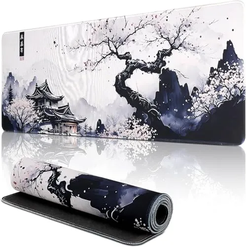 Mis.Moon Japanische Weiße Mauspad, Mauspad XXL 80x30CM Gaming, Große Kirschblüte Schreibtisch Matte, Anime Gaming Tastatur Matte, Großer Erweiterter Schreibtisch Schutz Für Home Office