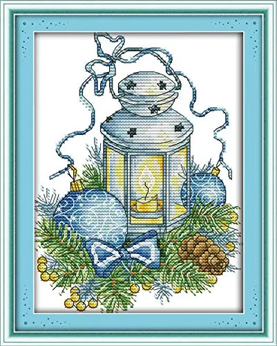 Kreuzstich Stickpackungen Vorgedruckt, OWN4B Das Blaue Weihnachten Beleuchtung Bilder 11CT 8,7x11,0 Zoll DIY Stickpackung Set