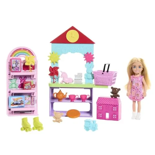 Barbie Chelsea Spielzeuggeschäft-Spielset mit Puppe und Zubehör - Puppensets mit Chelsea-Puppe, Theke und 15 Zubehörteilen für fantasievolles Rollenspiel und kreative Einkaufserlebnisse.