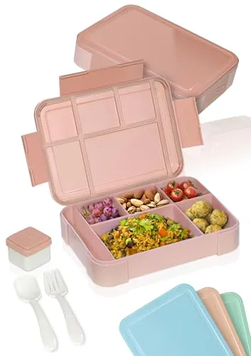 Deine Schulhelden Bento Box - Brotdose für Erwachsene und Kinder - Bruchfeste, Auslaufsichere Lunchbox mit Besteck & Becher - BPA frei, Spülmaschinen- & Mikrowellengeeignet - Kapazität 1330ml (rosa)