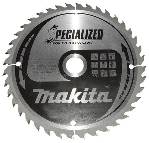 Makita Kreissägeblatt B-32954, Specialized, 165 x 20mm - Zubehör Elektrowerkzeuge, speziell für Holz mit 40 Zähnen für präzise Schnitte und einer Schneidbreite von nur 1,6mm.
