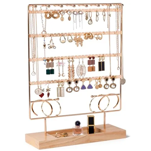 Lolalet 6 Tier Schmuckständer Ohrringhalter, 208 Löcher Ohrring Ständer Doppelseitiger Kettenhalter Ketten Display mit Holztablett, Schmuckhalter Aufbewahrung für Ohrhänger Halsketten Armbänder -Gold