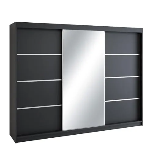 Mars Meble Mono Kleiderschrank mit Spiegel, Garderobe mit Hochglanz, Schwebetürenschrank mit Schubladen, Schiebetür Garderobenschrank, Schiebetür Schrank, Schwebetürenschrank 200cm, Schwarz