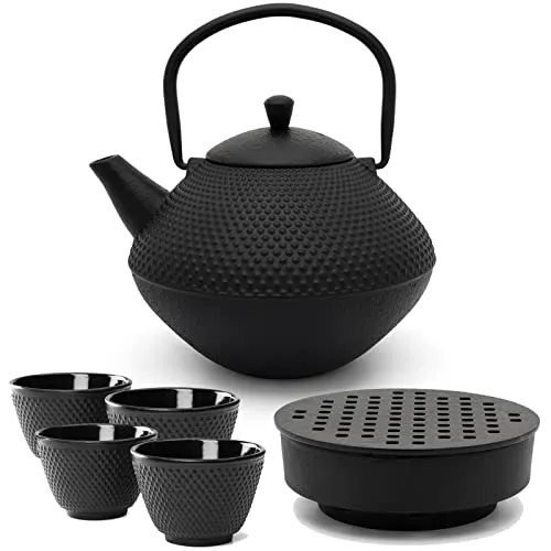 Bredemeijer Asia Gusseisen Teekanne Set 1.0 Liter mit Edelstahl Tee-Filter Sieb-Einsatz - Teewärmer & 4 Becher (Tassen) - 6-teiliges Teeset für losen Tee