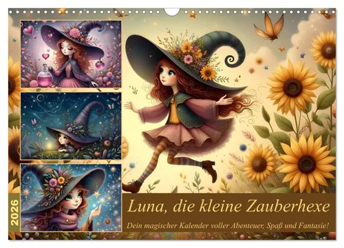 Luna die kleine Zauberhexe Wandkalender 2026 - Magischer Monatskalender im DIN A3 Querformat, voller Abenteuer und Fantasie – ideal für Kunstliebhaber und Träumer.