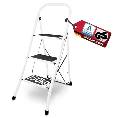 siwitec Klapptritt aus Stahl mit 3 Stufen - TÜV/GS zertifiziert - Leitern: Der siwitec Klapptritt bietet 3 stabile Stufen, Anti-Rutschmatten und eine Traglast von 150 kg. Kompakt und platzsparend, ideal für jeden Haushalt.