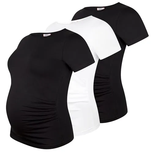 M.M.C. Umstandsshirt 3er Set - Unifarbene Kurzarmshirts für die Schwangerschaft - Klassisches 3er Set Kurzarmshirts für werdende Mütter. Mit seitlichen Raffungen für optimalen Sitz und Tragekomfort während der gesamten Schwangerschaft. Hergestellt aus weichem Baumwollgemisch für angenehmes Tragegefühl.