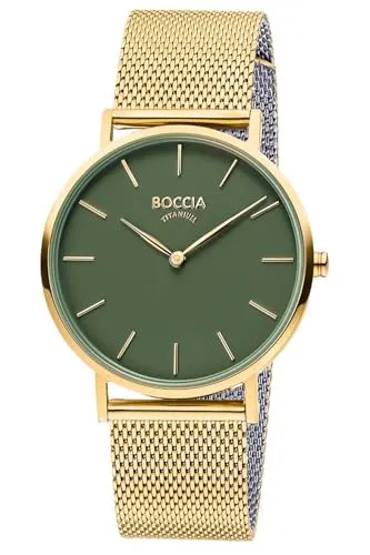 Boccia Quarzuhr Goldfarben/Grün - Elegante Armbanduhr aus Reintitan, hypoallergen und hautfreundlich. Mit einem stilvollen dunkelgrünen Zifferblatt und goldfarbener Ionisierung, ideal für modebewusste Frauen.