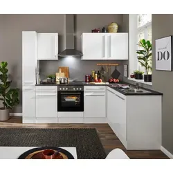 BASIC by Balculina Winkelküche Jazz 250x175 cm - Küchenzeile mit eleganter, weißer Hochglanzfront und energieeffizienten E-Geräten. Ideal für moderne Küchen mit viel Stauraum und einer durchgehenden Arbeitsplatte.