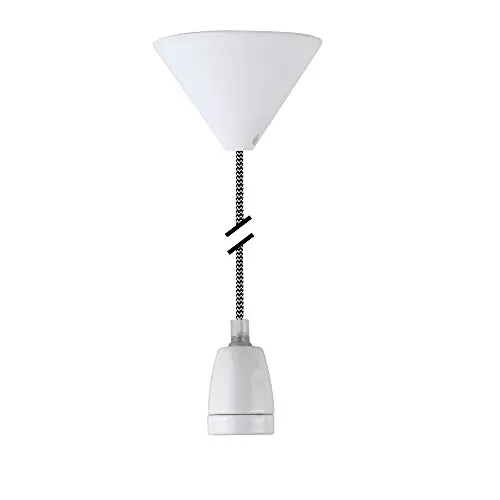 NCC-Licht Design Pendelleuchte Textilkabel E27 Keramik Fassung Weiß & weißem Baldachin (schwarz-weiß)