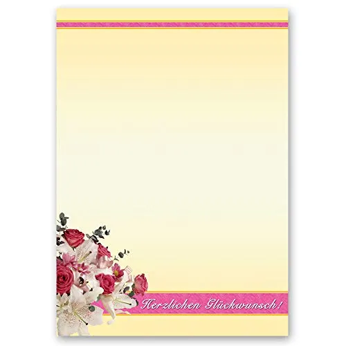 Blatt Briefpapier Blumen & Blüten, Besondere Anlässe HERZLICHEN GLÜCKWUNSCH - DIN A4 Format - Paper-Media 20