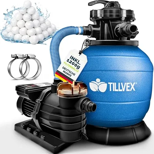 tillvex® Sandfilteranlage Pool mit Timer 13.200L/h bis 40.000L + 1200g Filterbälle | Filteranlage 7-Wege Ventil & 2in1 Adapter Ø32-38mm | Poolfilter Sandfilter Selbstansaugend (Blau)