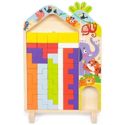 WOODENFUN Montessori Holz Block Puzzle für Kinder Tangram Puzzle Russisches 3D-Blöcke-Spielspielzeug Bildungsgeschenk für Kinder