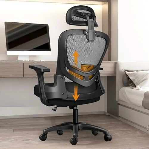 LIMBALAY Ergonomischer Bürostuhl Höhenverstellbarer Schreibtischstuhl mit Kopfstütze, atmungsaktivem Netzbezug, 115° schwenkbar, 4D-Armlehnen, 360° Rollen – Drehbarer Computerstuhl (Schwarz)